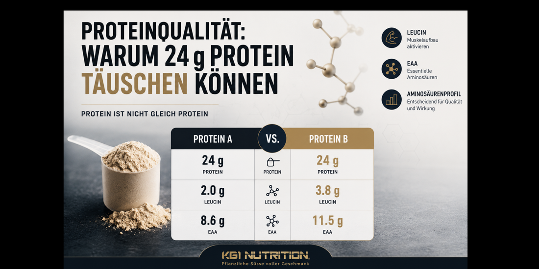 Proteinqualität bei Proteinpulver: 24 g Protein sind nicht gleich – Unterschiede bei Leucin, EAA und Aminosäuren.