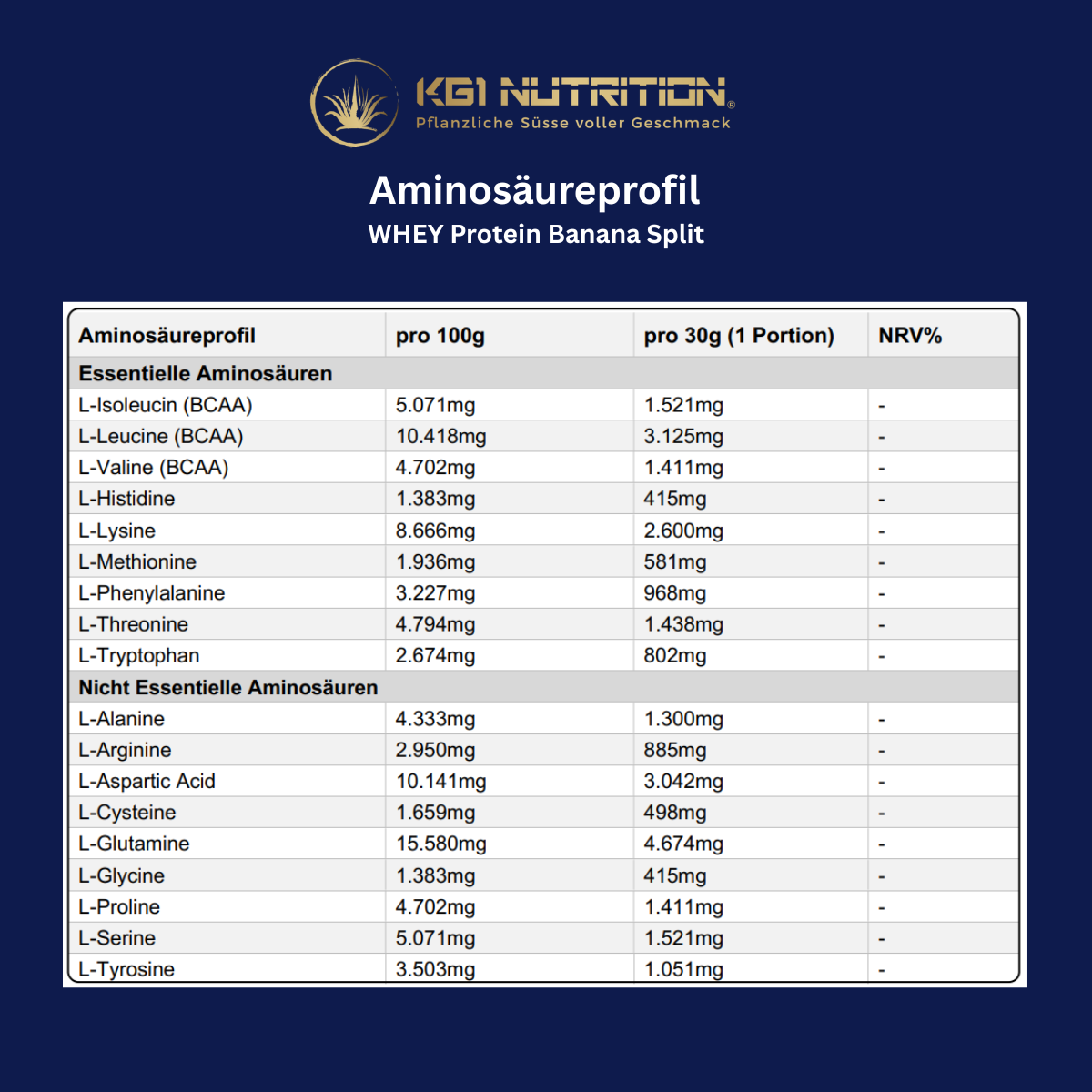 Aminosäureprofil des KG1 Nutrition Whey Protein Banana Split