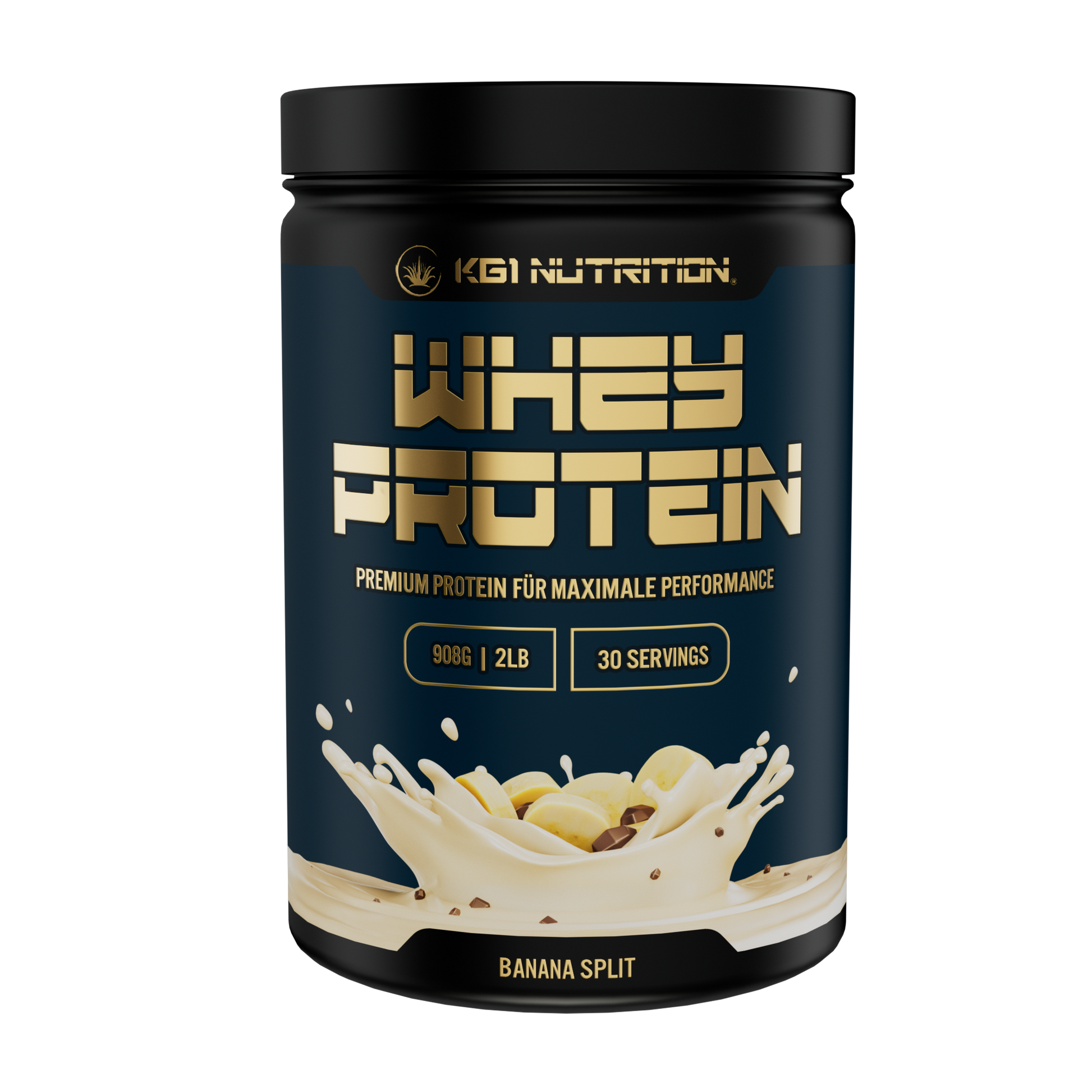 Whey Protein Banana Split, cremig, Doseninhalt 908g, Süssstoffe Agavendicksaftpulver und Steviolglycoside.