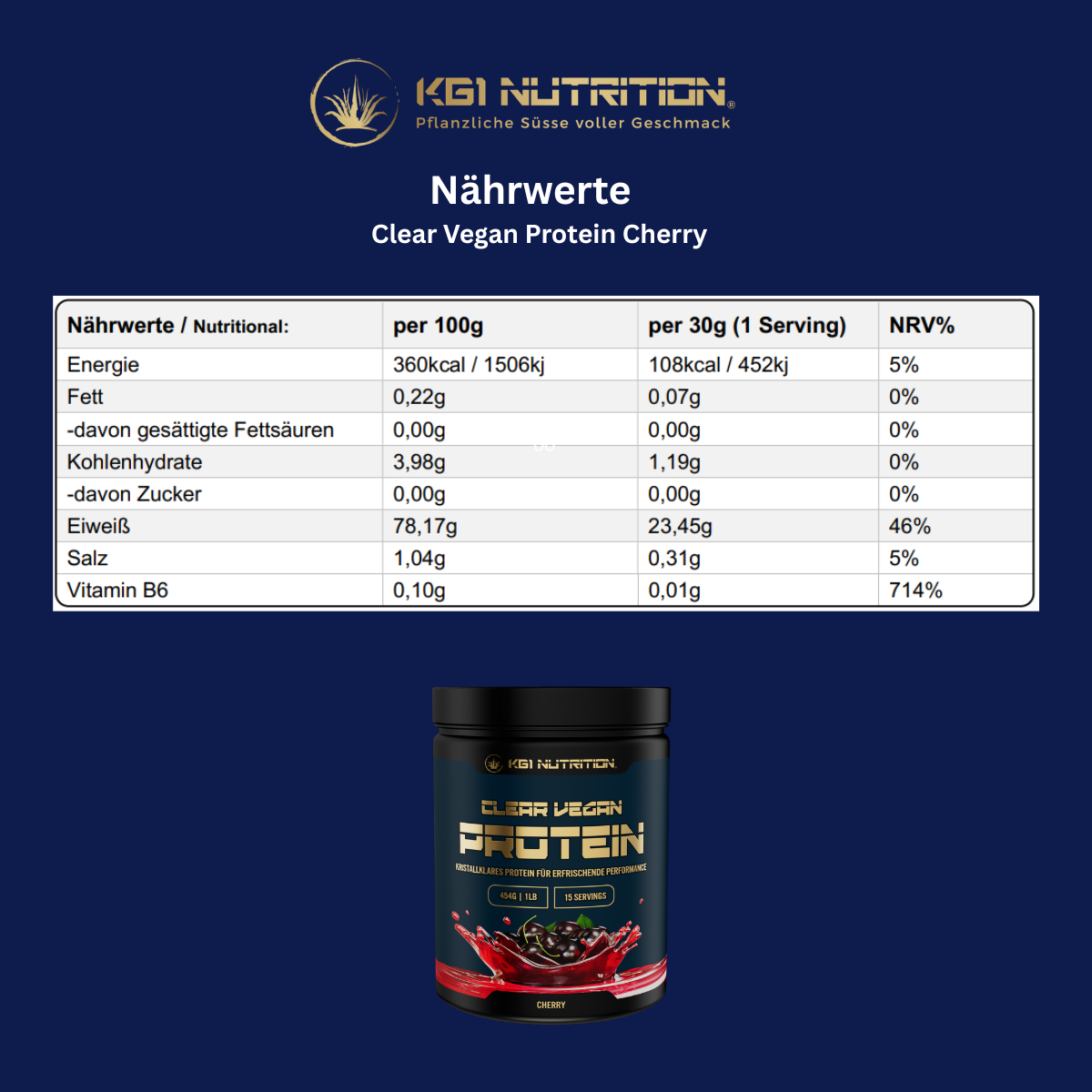 Nährwerttabelle des KG1 Nutrition Clear Vegan Protein Cherry 