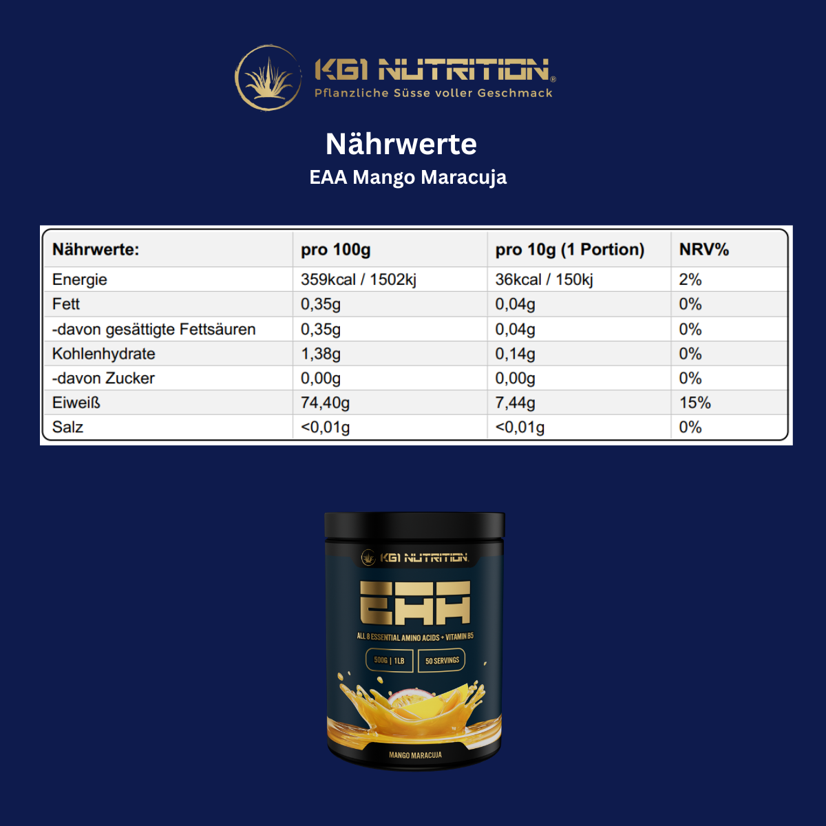 Nährwerttabelle des KG1 Nutrition EAA Mango Maracuja 