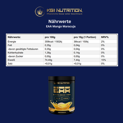 Nährwerttabelle des KG1 Nutrition EAA Mango Maracuja 