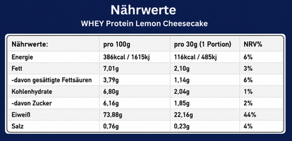 Nährwerttabelle des KG1 Nutrition WHEY Protein Lemon Cheesecake