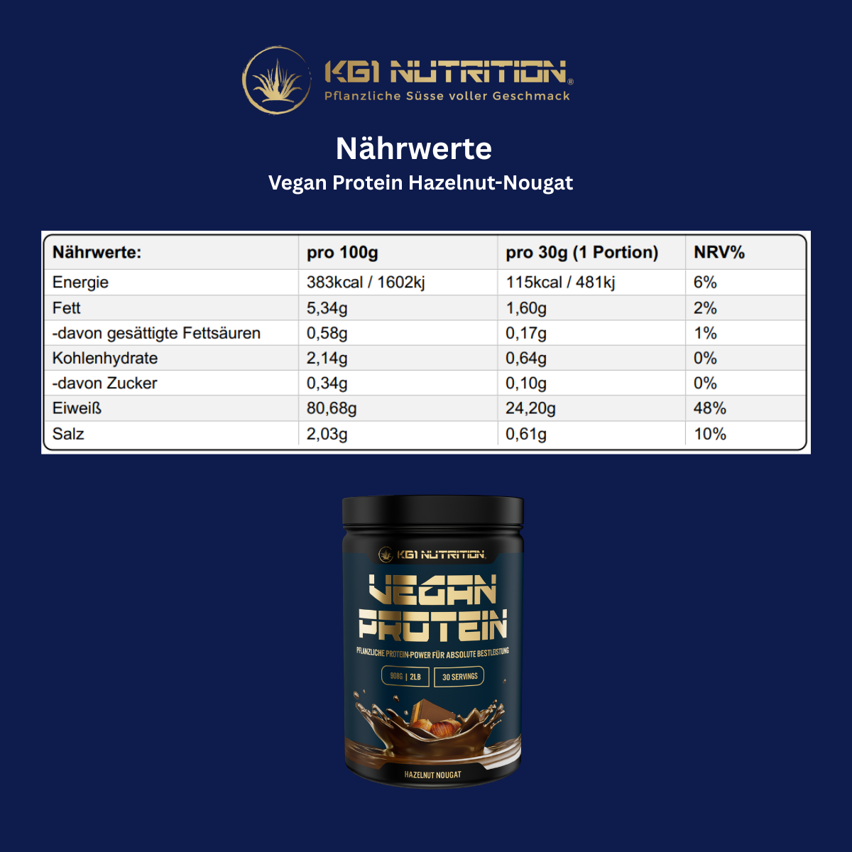 Nährwerttabelle des KG1 Nutrition Vegan Protein Hazelnut-Nougat