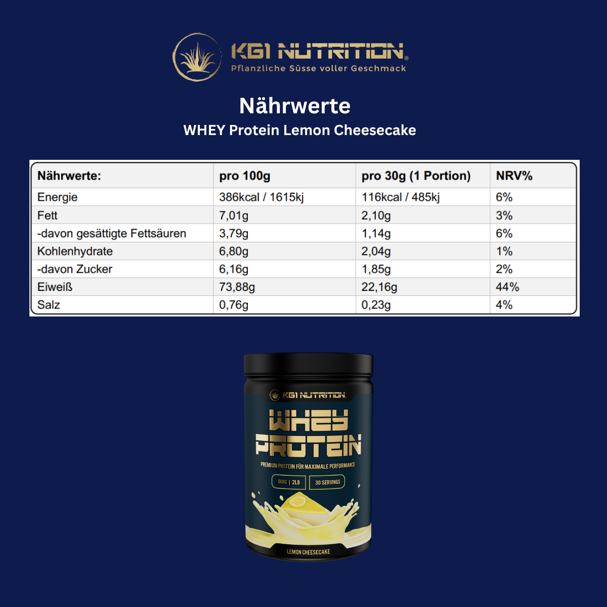Nährwerttabelle des KG1 Nutrition WHEY Protein Lemon Cheesecake