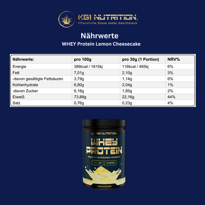 Nährwerttabelle des KG1 Nutrition WHEY Protein Lemon Cheesecake